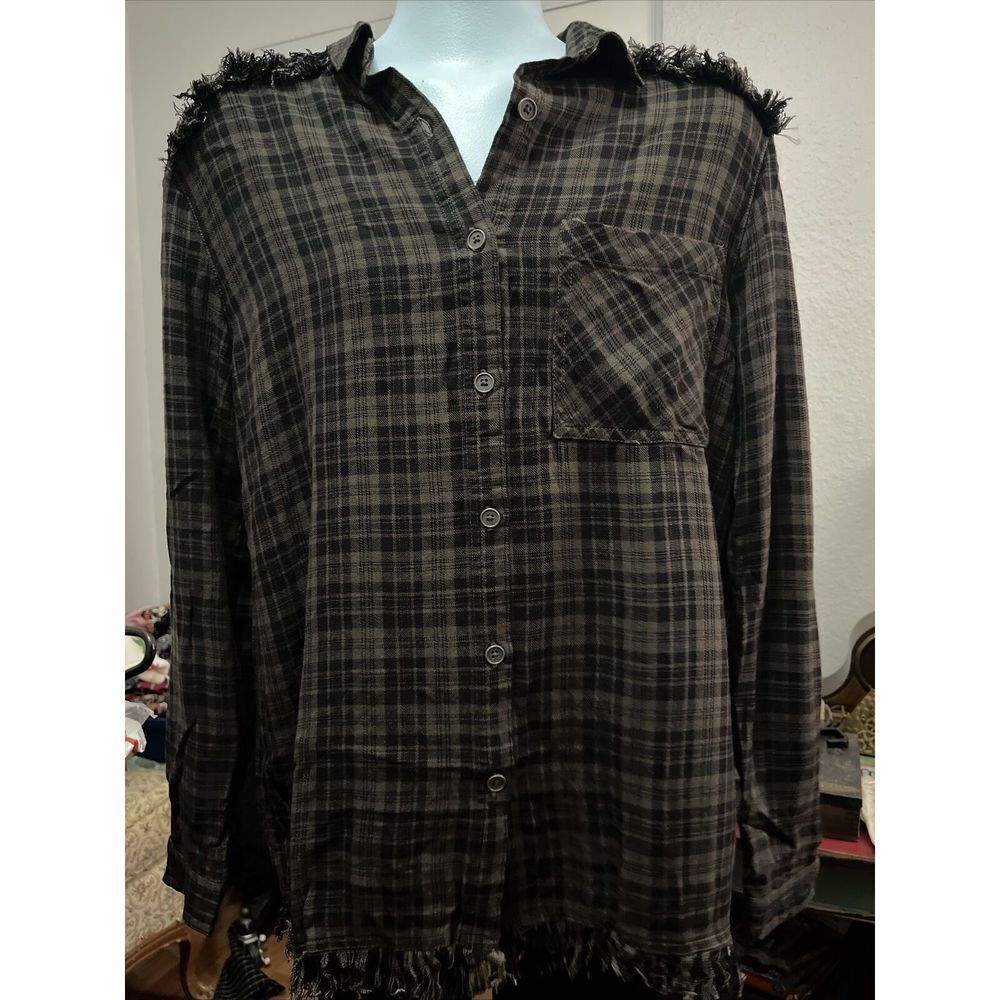 Johnny Cotton Womens olive And Black Plaid Button Flannel Shirt With Fringe